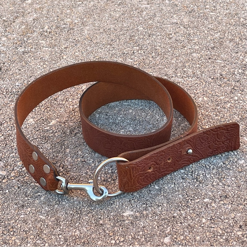 Athleta Leather Tooled Floral Adjustable Belt Sz S/M